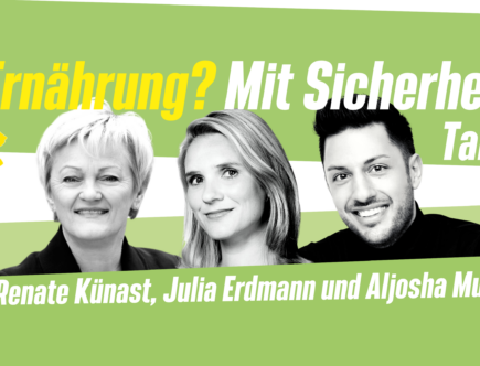 Veranstaltungs-Banner mit Fotos von Renate Künast, Julia Erdmann und Aljosha Muttardi